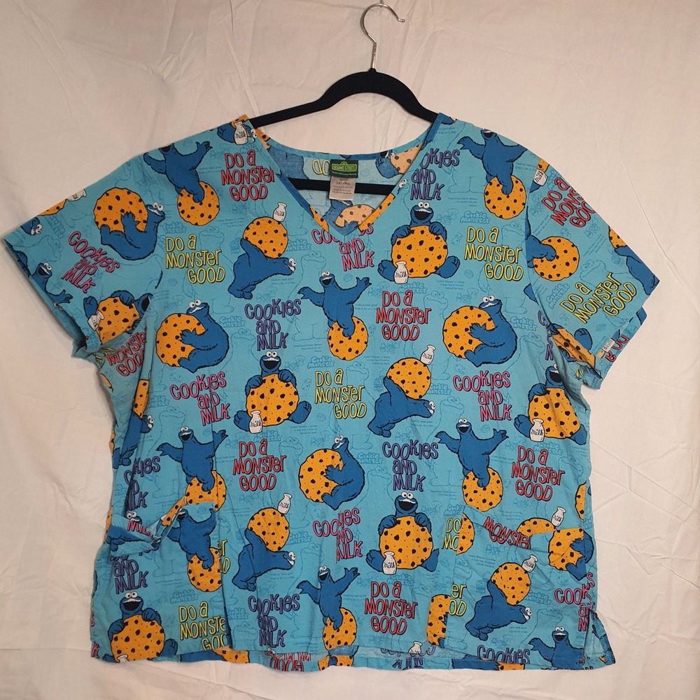 Sesame‎ Street Scrub Top Cookie Monster 3XL Nurse MA CNA Healthcare Women